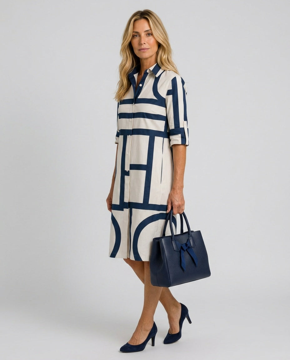 Faye | Geometric Print Collared Knee-Length Midi Dress