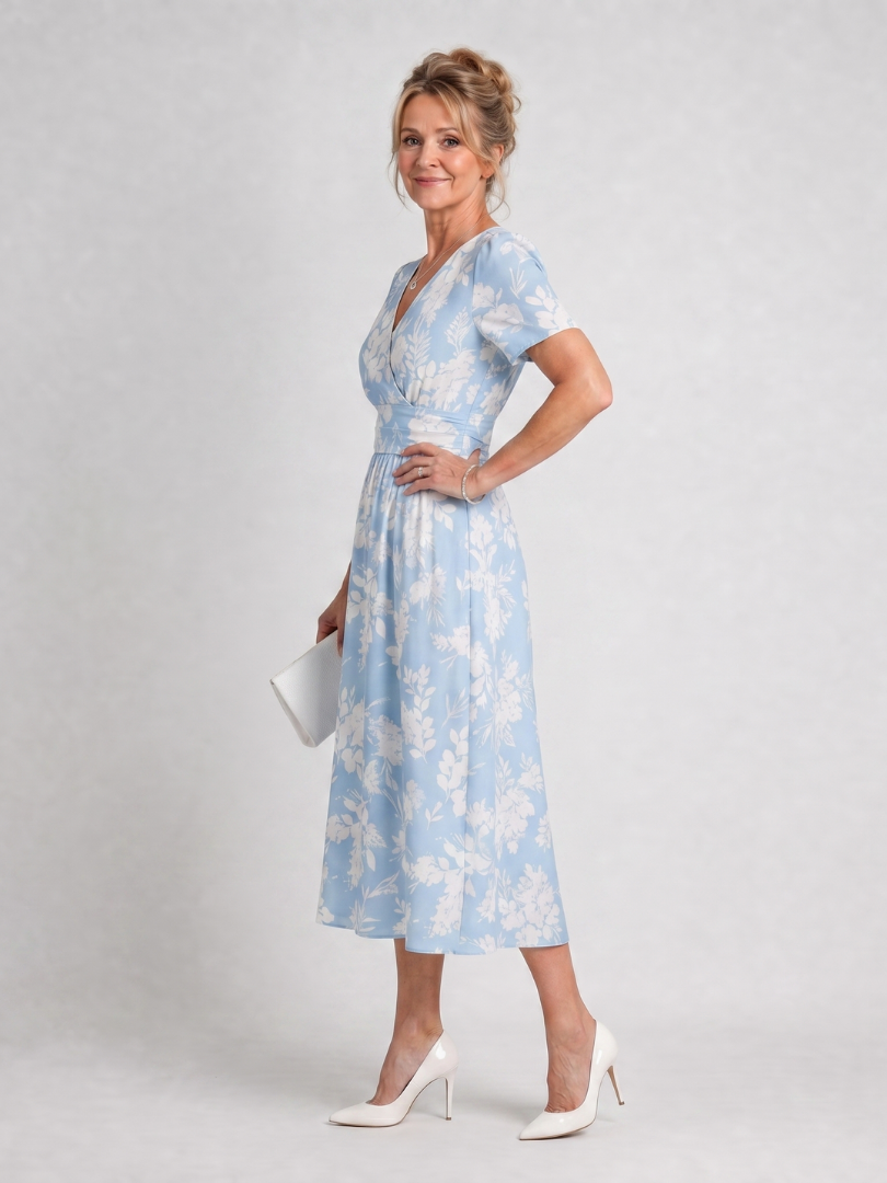 Jimena | Floral Print Short Sleeve V-Neck Midi Dress
