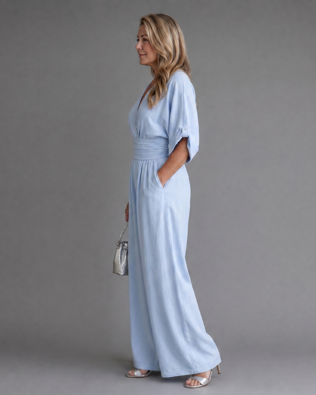 Elin | Draped V-Neck Wide Leg Relaxed Jumpsuit