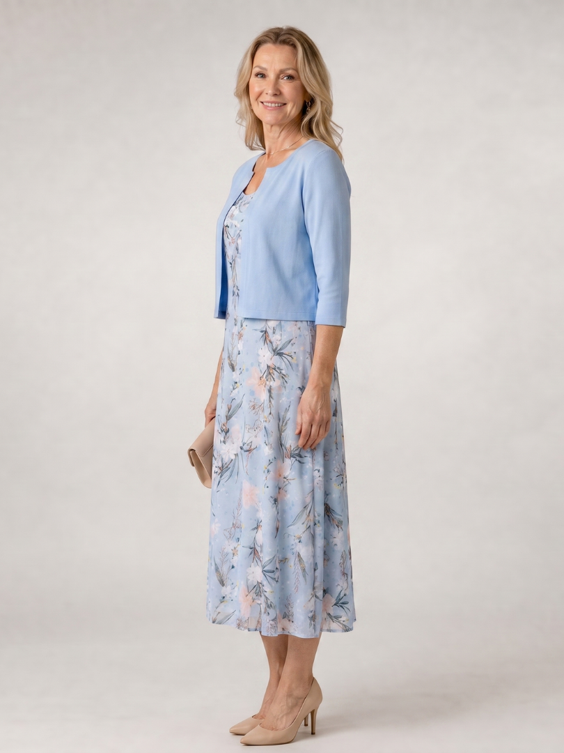 Reva | Floral Print Sleeveless Midi Dress with Cropped Jacket