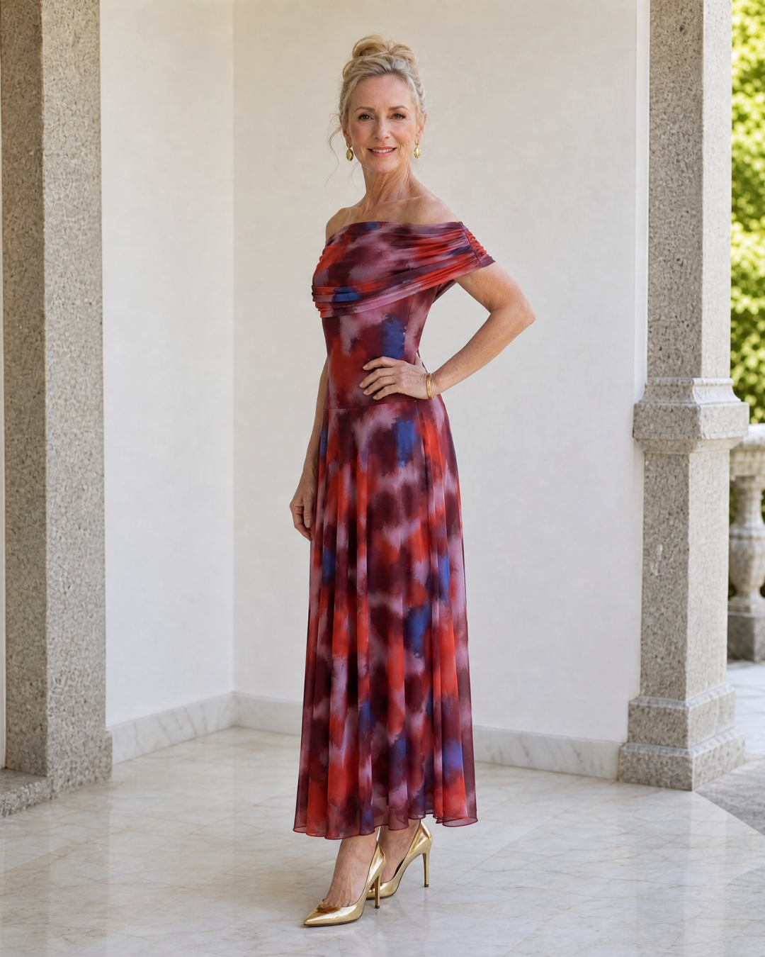 Liv | Off-Shoulder Watercolour Print Flowing Midi Dress