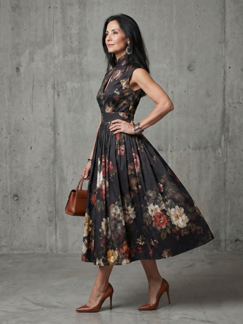 Paloma | High Neck Keyhole Floral Pleated Midi Dress