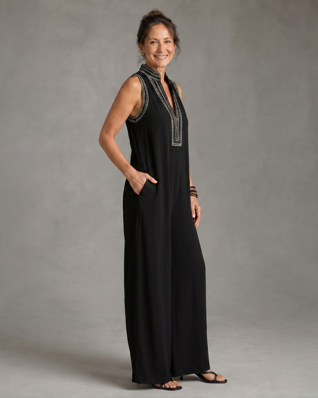 Velmira | Embroidered V-Neck Wide Leg Jumpsuit
