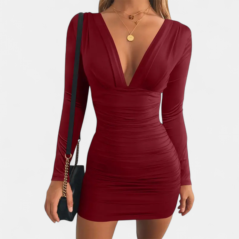 Xenia | Deep V-Neck Long Sleeve Bodycon Mini Dress