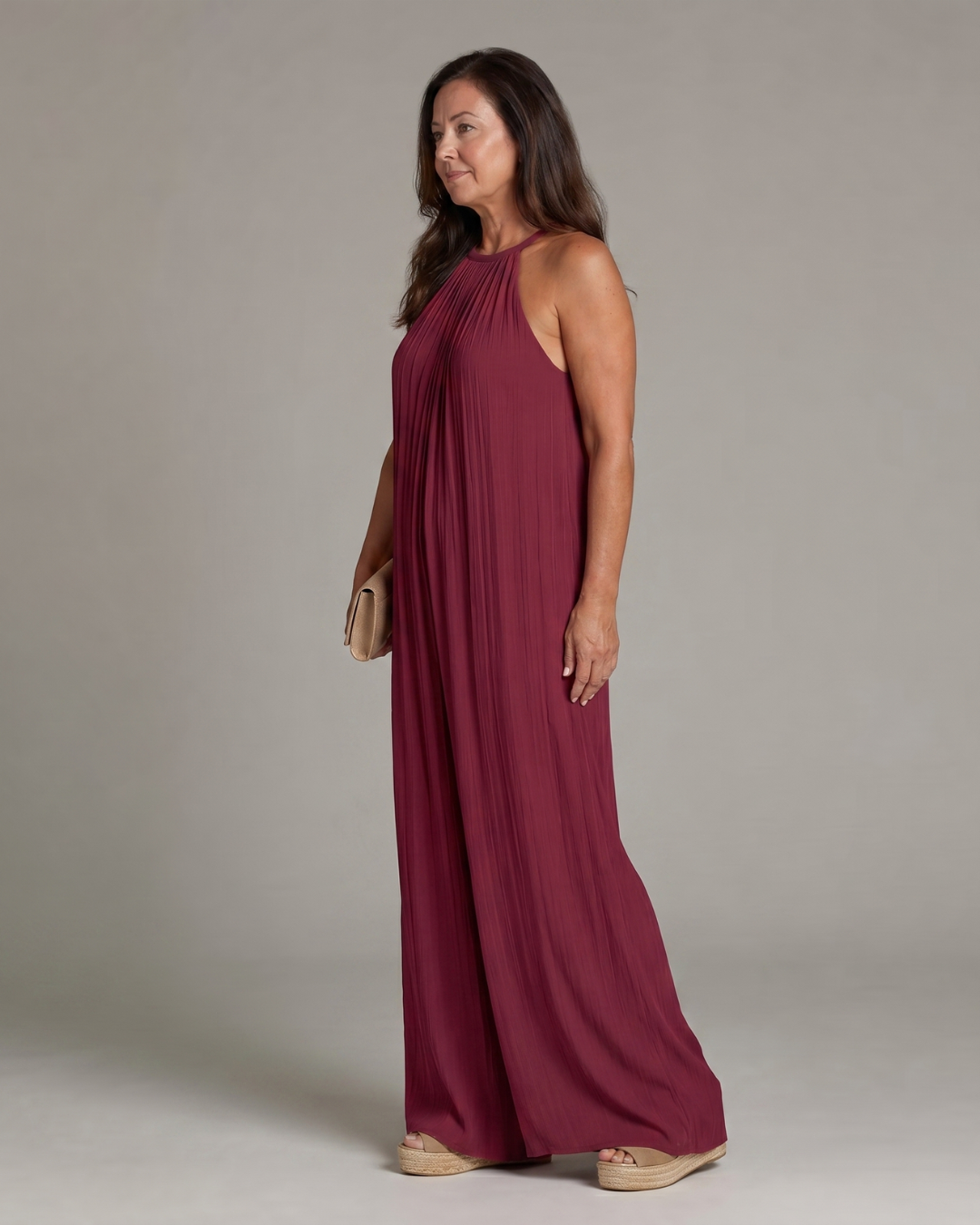 Sylvara | Pleated Halter Neck Wide Leg Jumpsuit