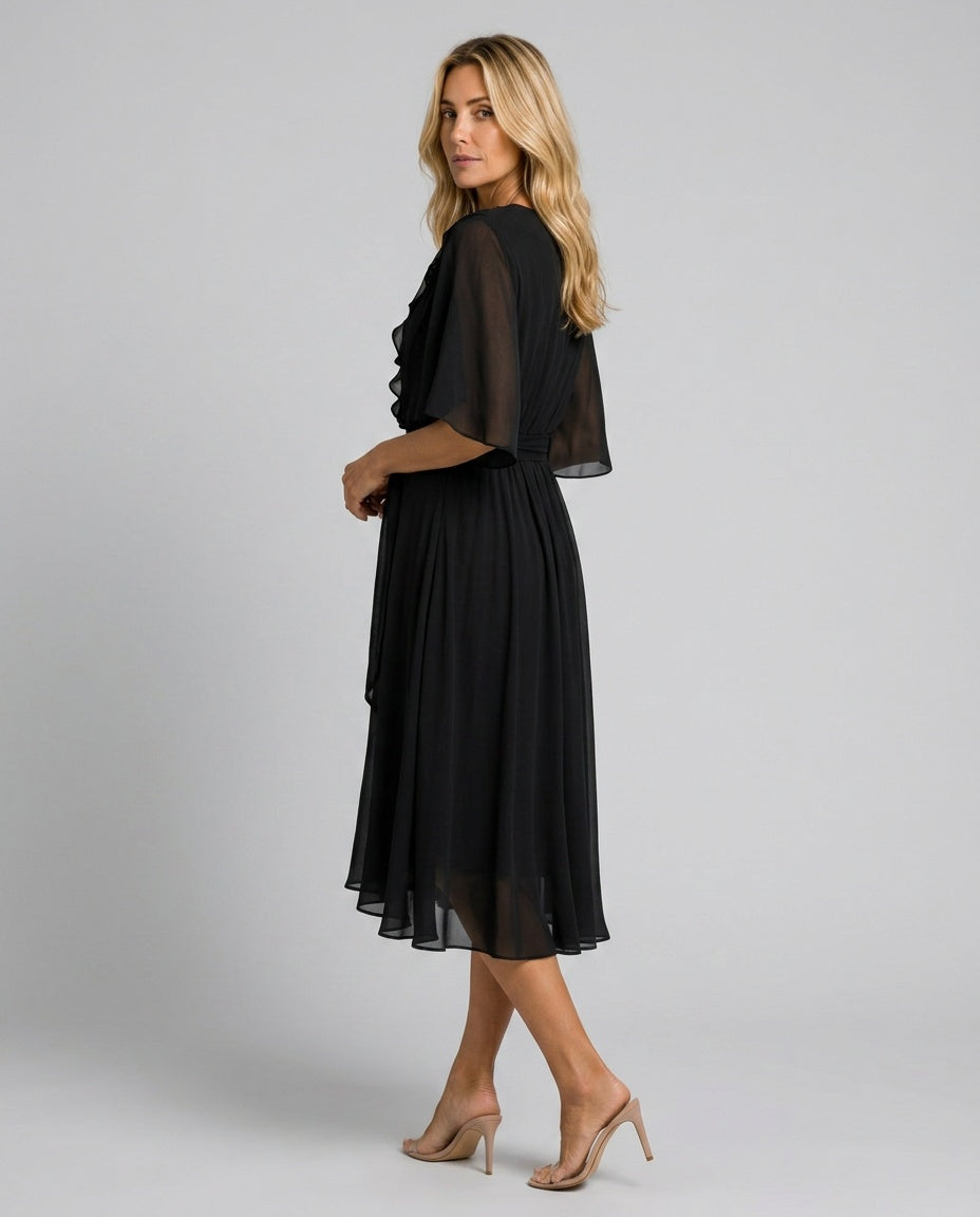 Delphine | V-Neck Draped Waist Tie Midi Dress