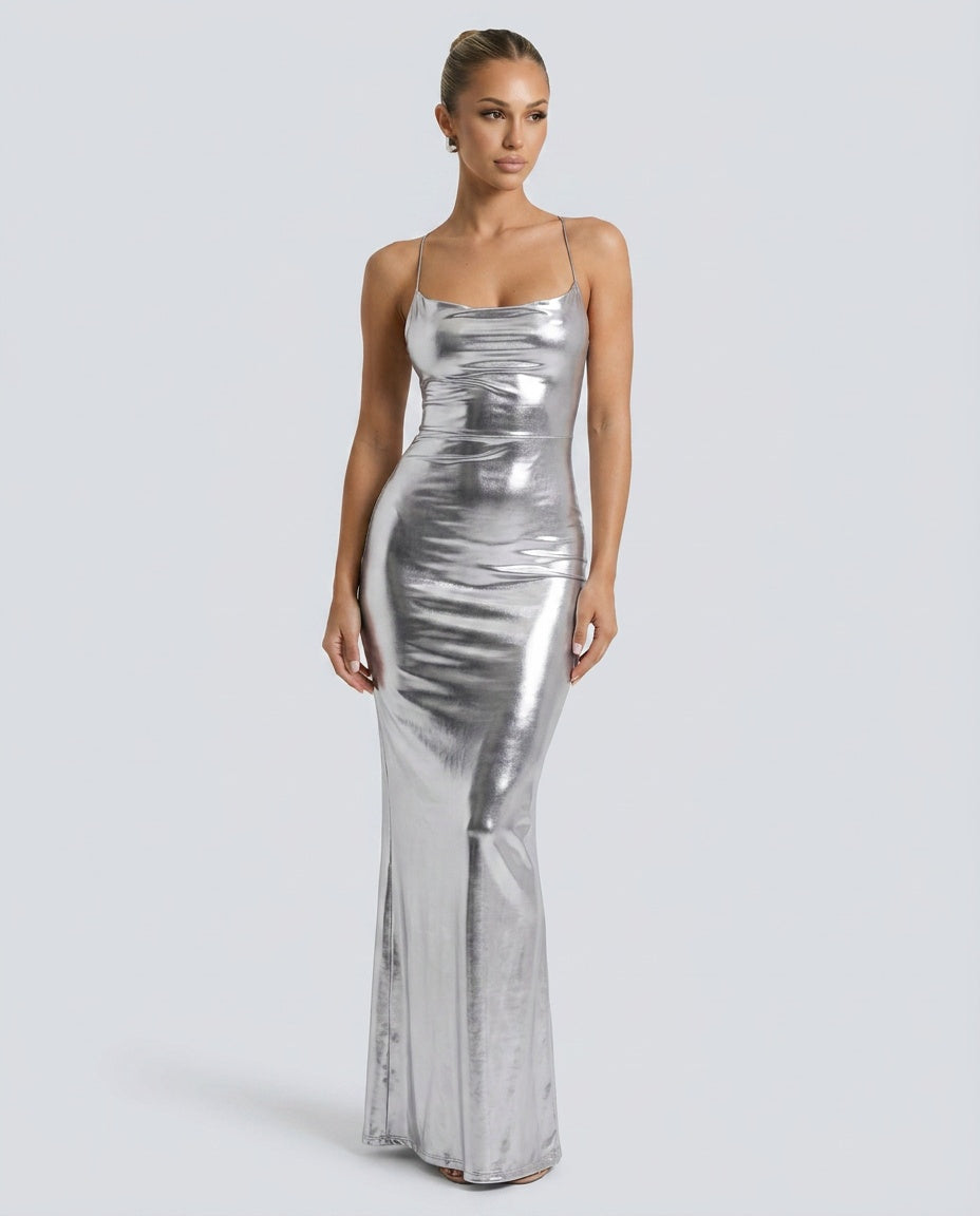 Billie | Backless Metallic Bodycon Maxi Dress