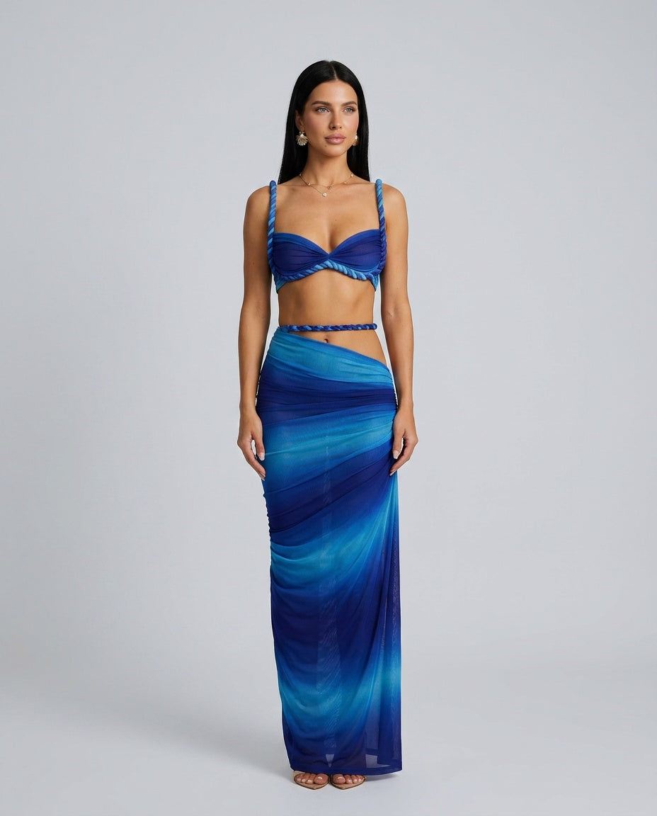 Tessa | Braided Strap Bustier & Ruched Maxi Skirt Set