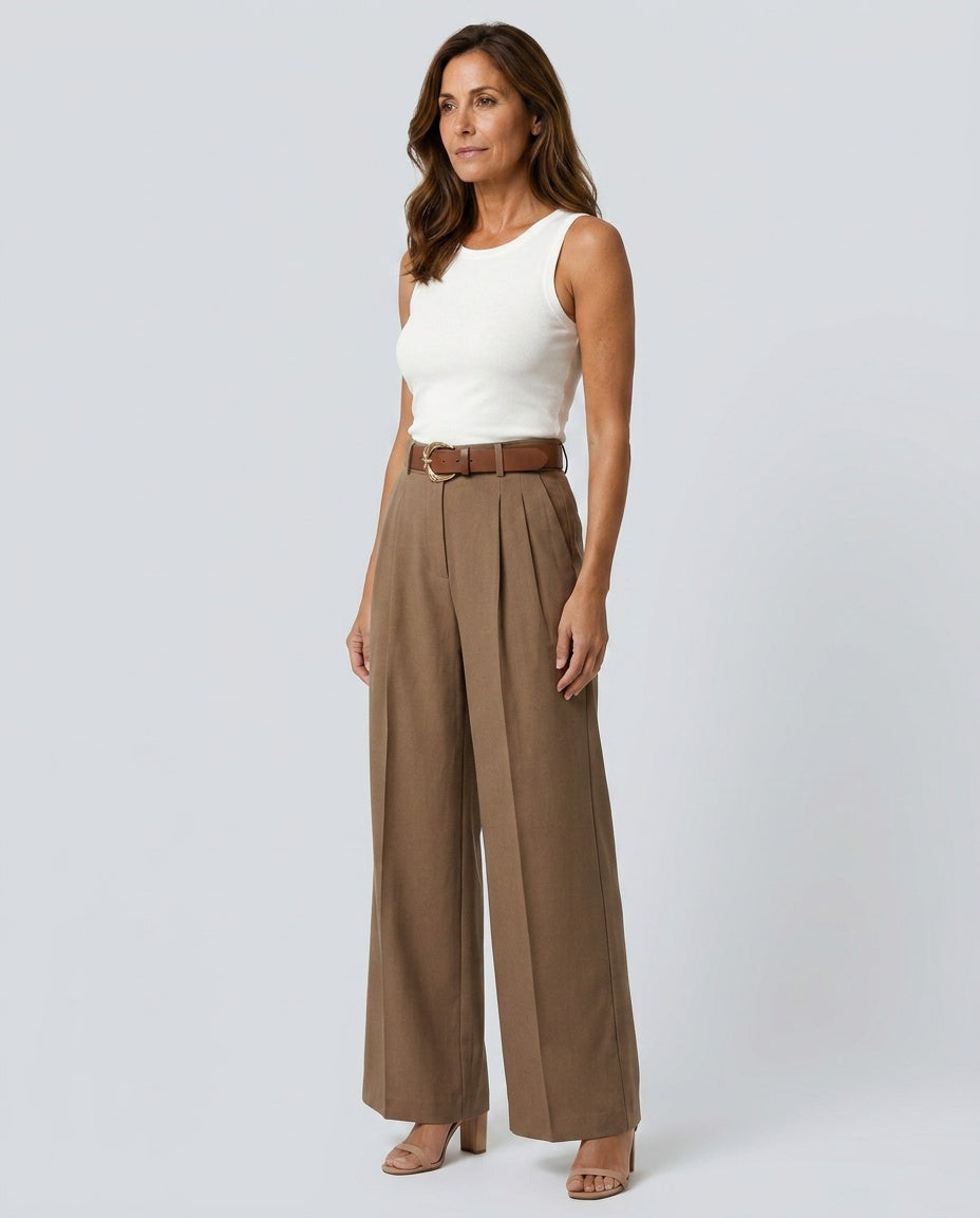 Ottoline | High Waist Pleated Wide-Leg Trousers with Detachable Sash Belt