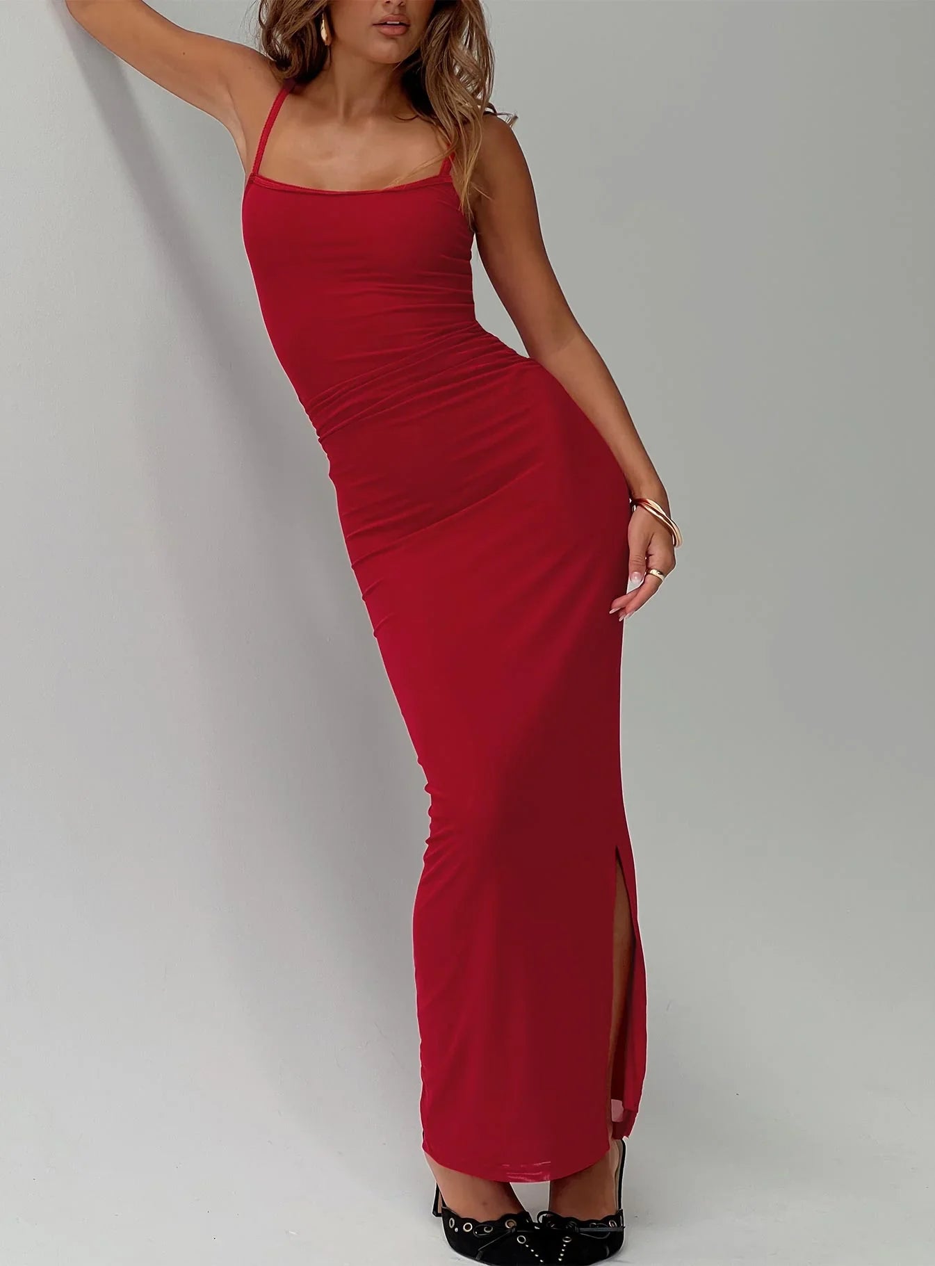 Apolline | High Split Ruched Mesh Maxi Dress