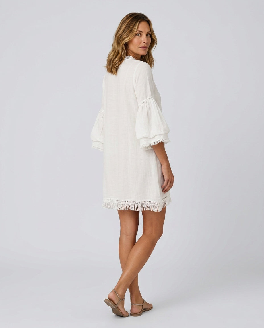 Valeria | Lace Tassel Puff Sleeve Cotton Linen Mini Dress
