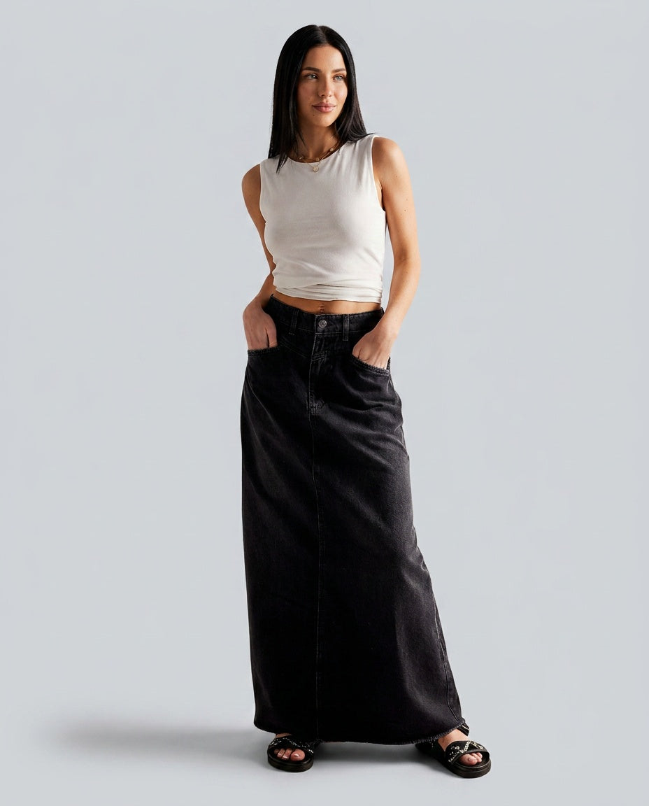 Hazel | High Waist Five Pocket Denim Maxi Skirt
