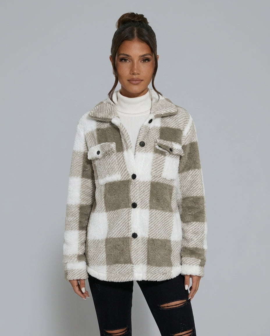 Piper | Check Print Button Front Sherpa Jacket