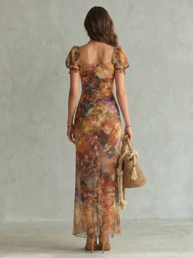 Micaela | Ruffled Sleeve Ruched Slit Midi Dress