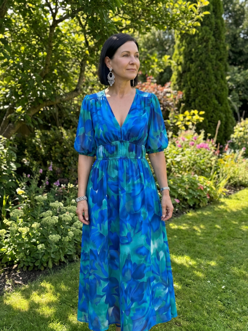 Coralie | Puff Sleeve V-Neck Abstract Print Midi Dress