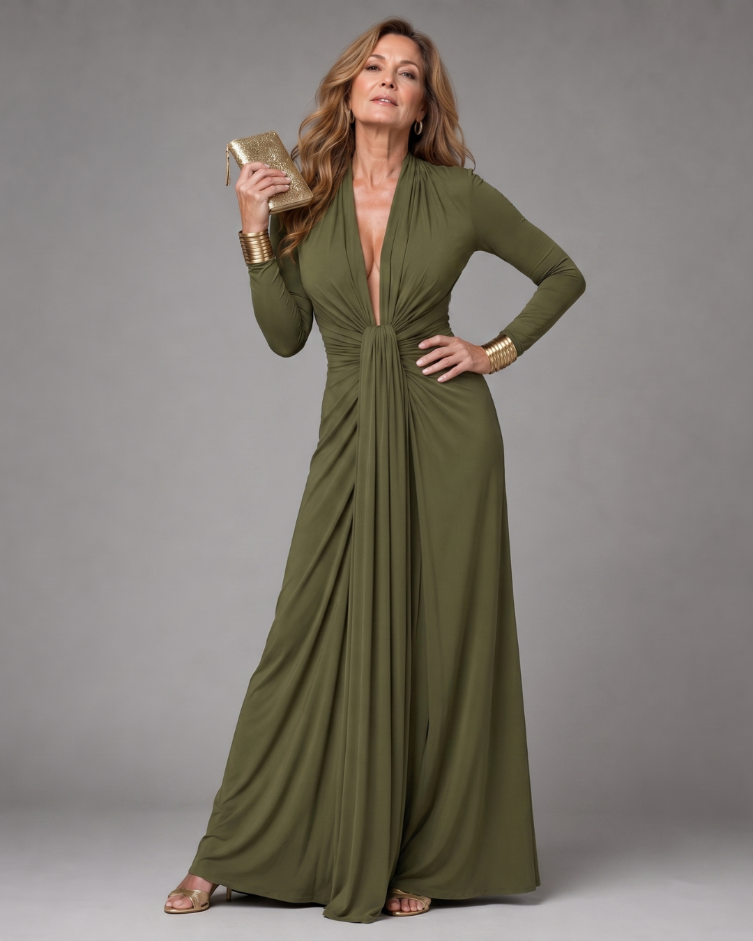 Beatriz | Draped Deep V-Neck Long Sleeve Maxi Dress