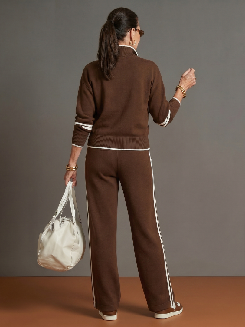 Rova | Zip Neck Striped Knit Long Sleeve Pants Set