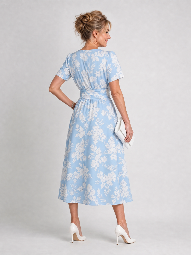 Jimena | Floral Print Short Sleeve V-Neck Midi Dress