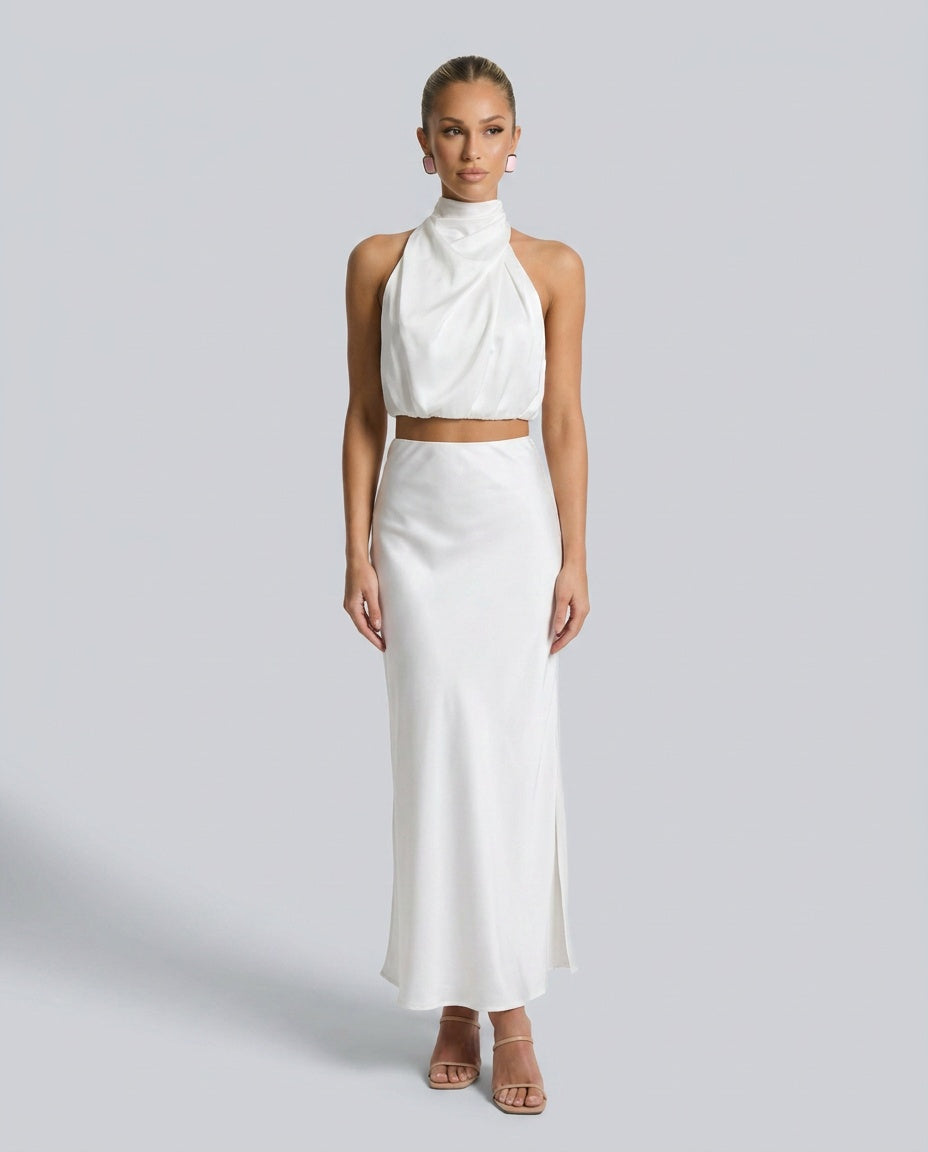 Cora | Halter Crop Top & High Waist Midi Skirt Set
