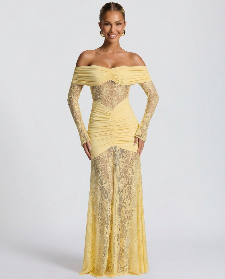 Women's Lace Long Sleeve Strapless Maxi Dress