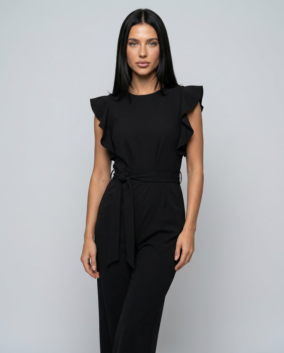 Cora | Ruffle Sleeve Tie Belt Straight Leg Jumpsuit