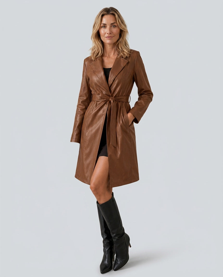 Naia | Longline Belted Faux Leather Trench Coat