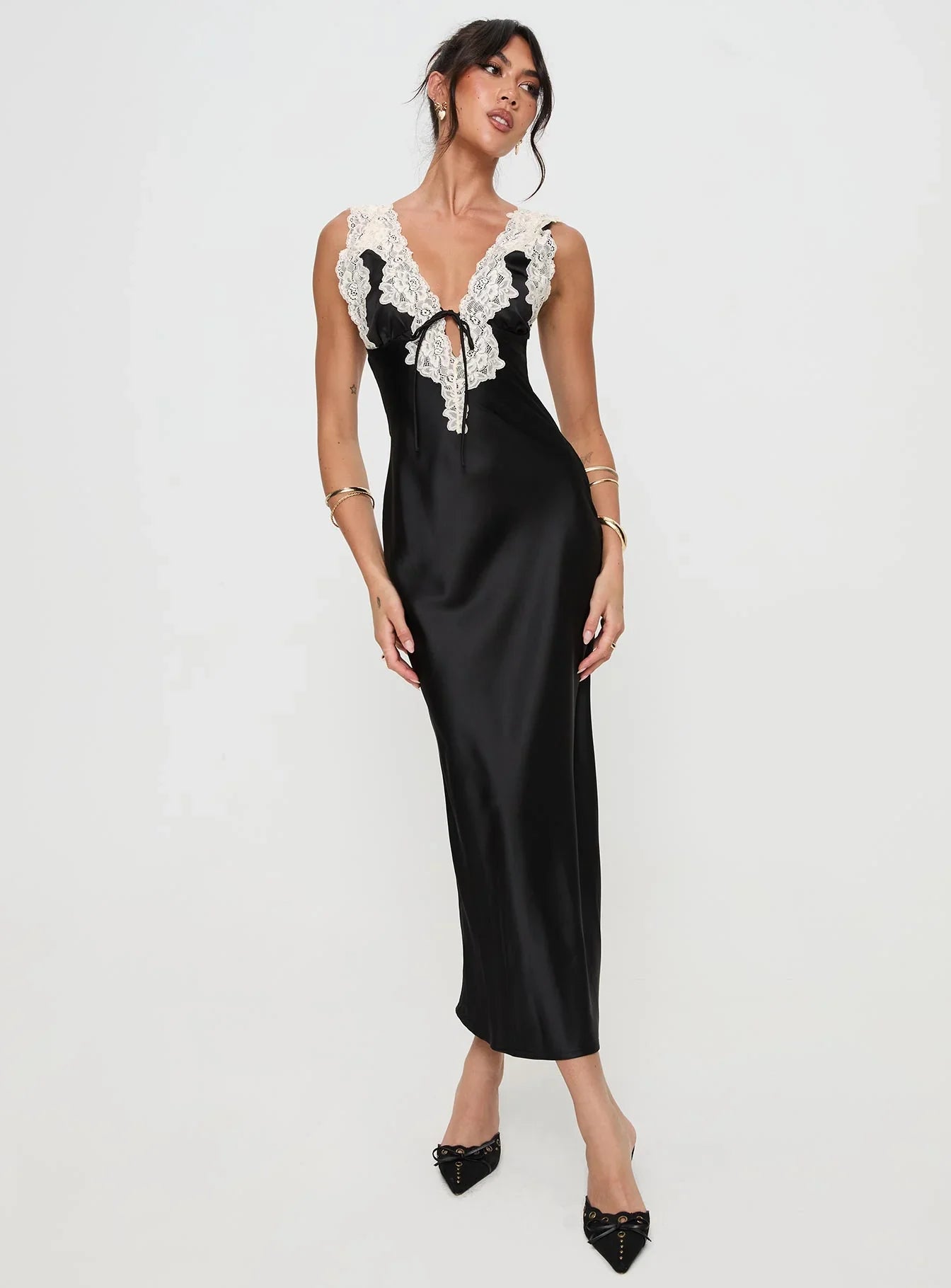 Paige | V-Neck Lace Black Tie Maxi Dress