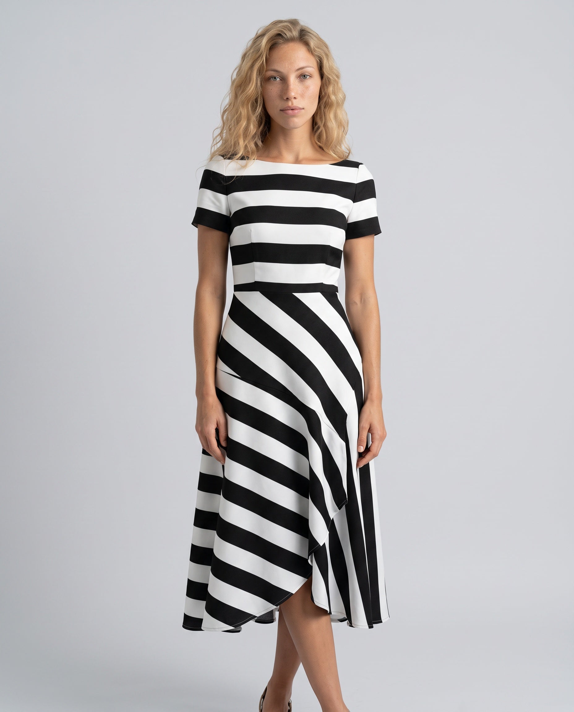 Freya | Striped Asymmetrical Short Sleeve Midi Dress