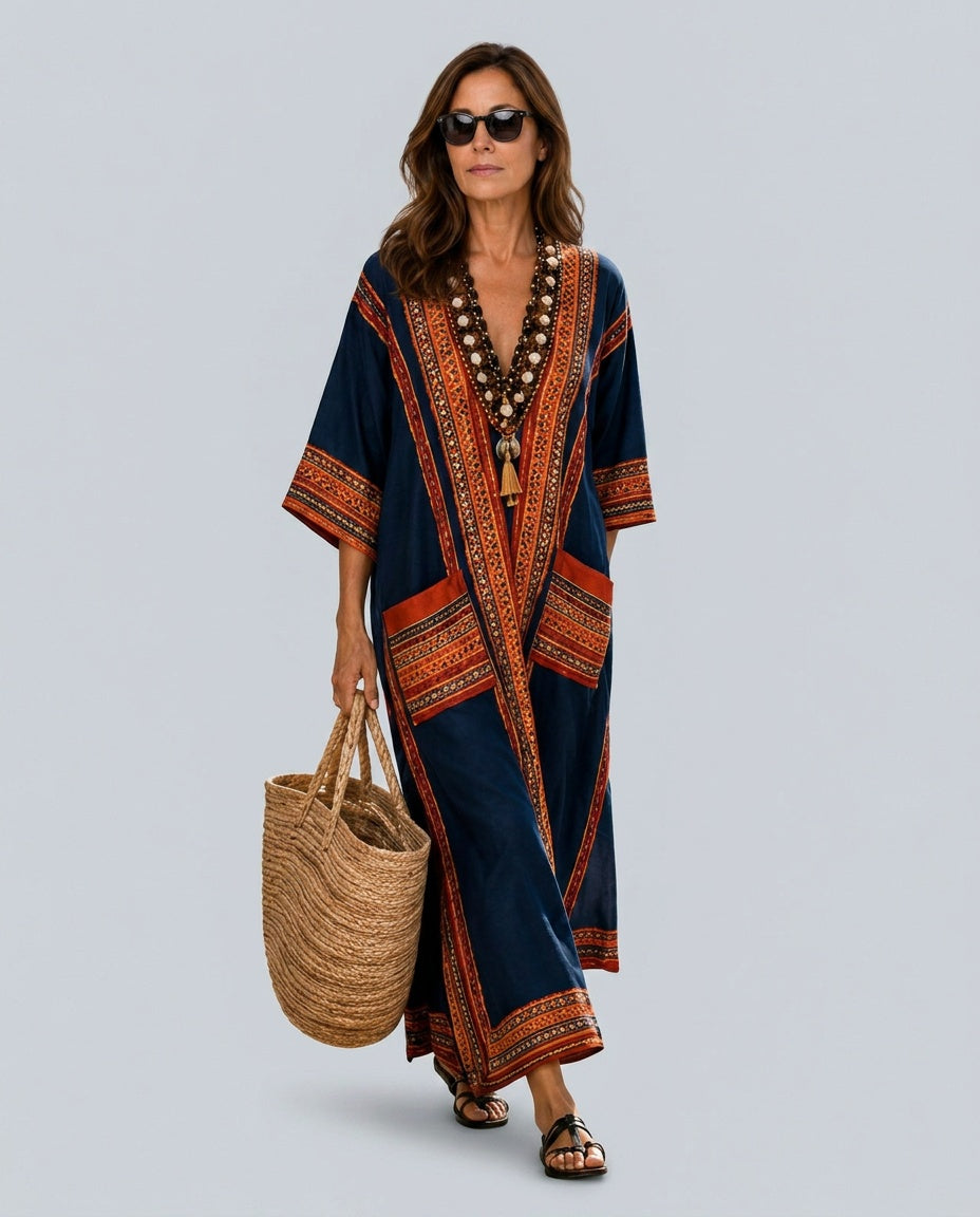 Zerlina | Deep V-Neck Contrast Panel Kaftan Maxi Dress