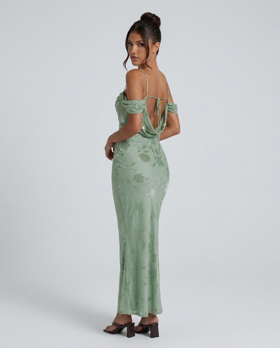 Sage | Off-Shoulder Floral Burnout Maxi Dress