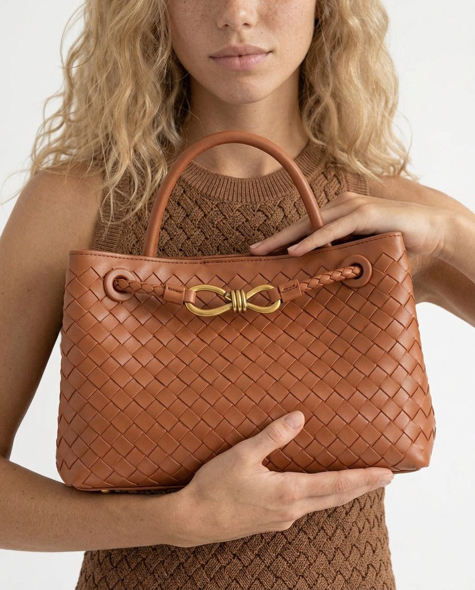 Compact Woven Vegan Leather Handbag