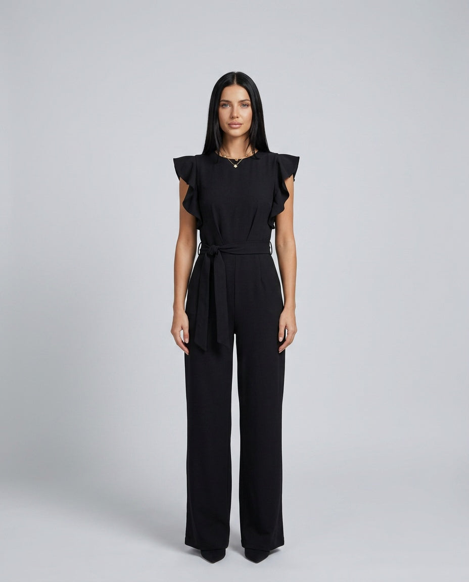 Cora | Ruffle Sleeve Tie Belt Straight Leg Jumpsuit