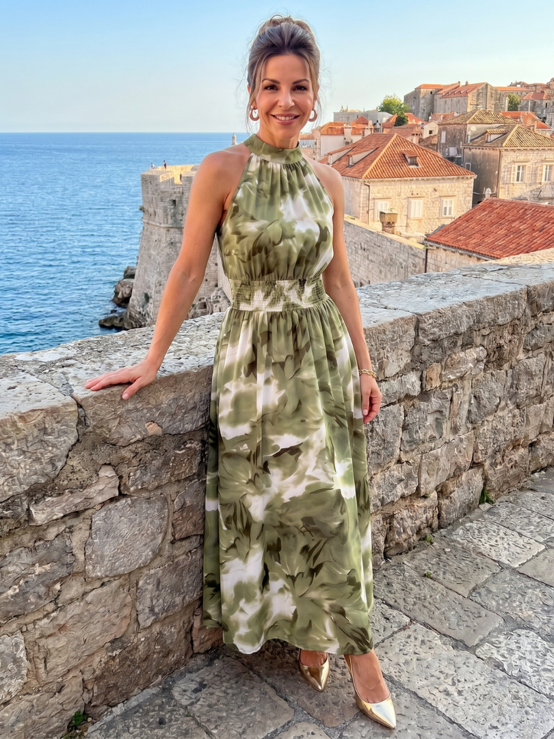 Imogen | Gathered Waist Abstract Print Midi Dress
