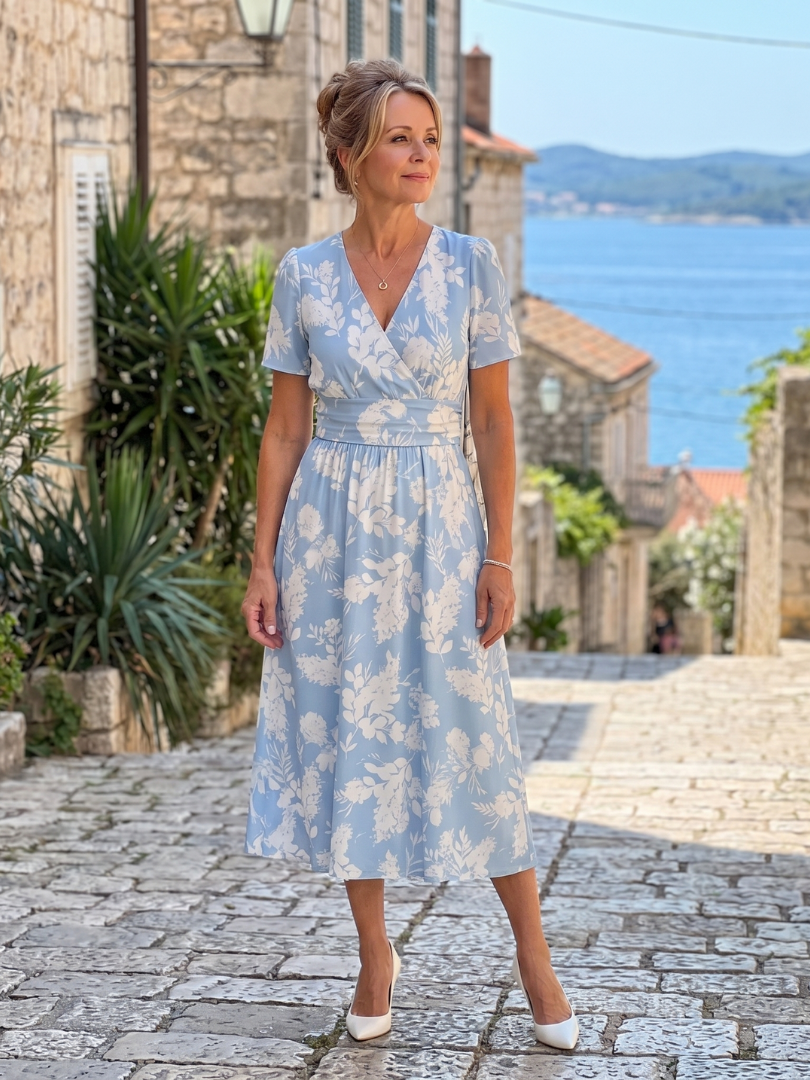 Jimena | Floral Print Short Sleeve V-Neck Midi Dress