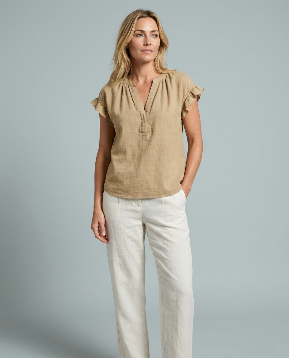 Ines | V-Neck Flared Sleeve Linen-Blend Blouse