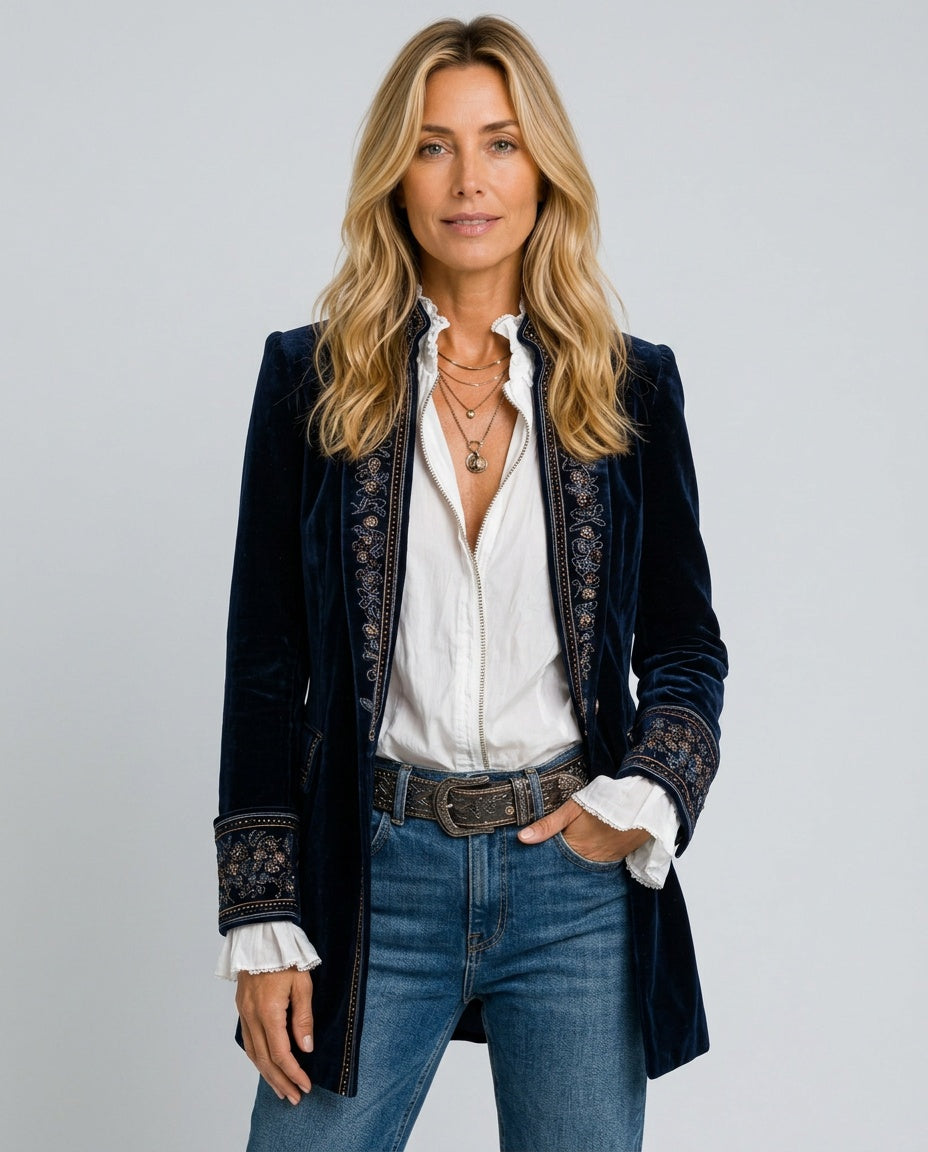 Kira | Embroidered Longline Jacket with Layered Cuffs