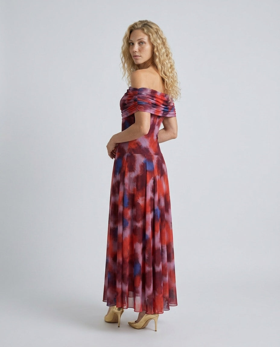 Liv | Off-Shoulder Watercolour Print Flowing Midi Dress