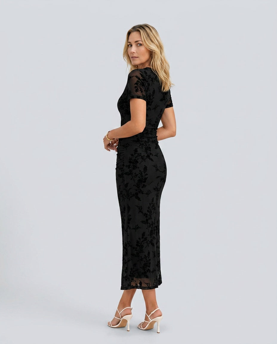 Fleur | Flocked Floral Mermaid Maxi Dress with Sheer Sleeves