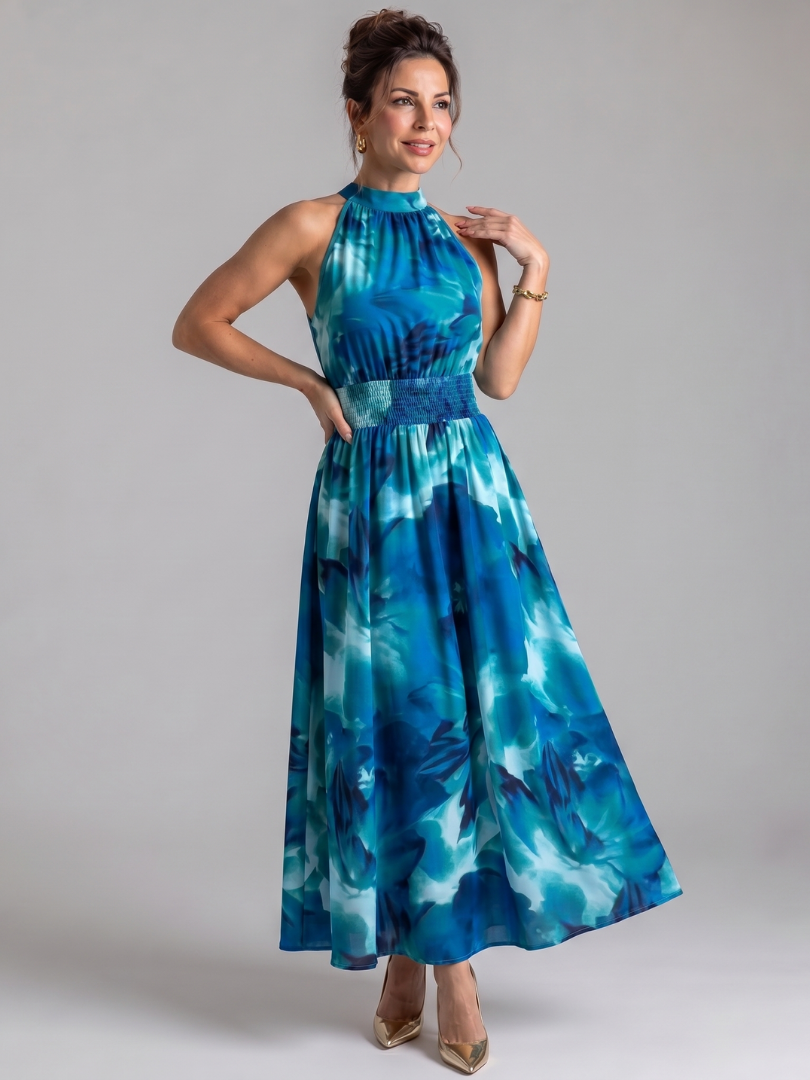 Imogen | Gathered Waist Abstract Print Midi Dress