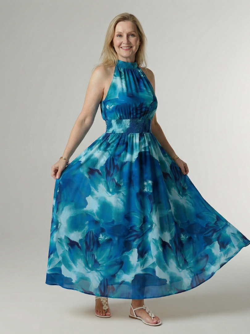 Niamh | Gathered Halter Flowy Midi Dress