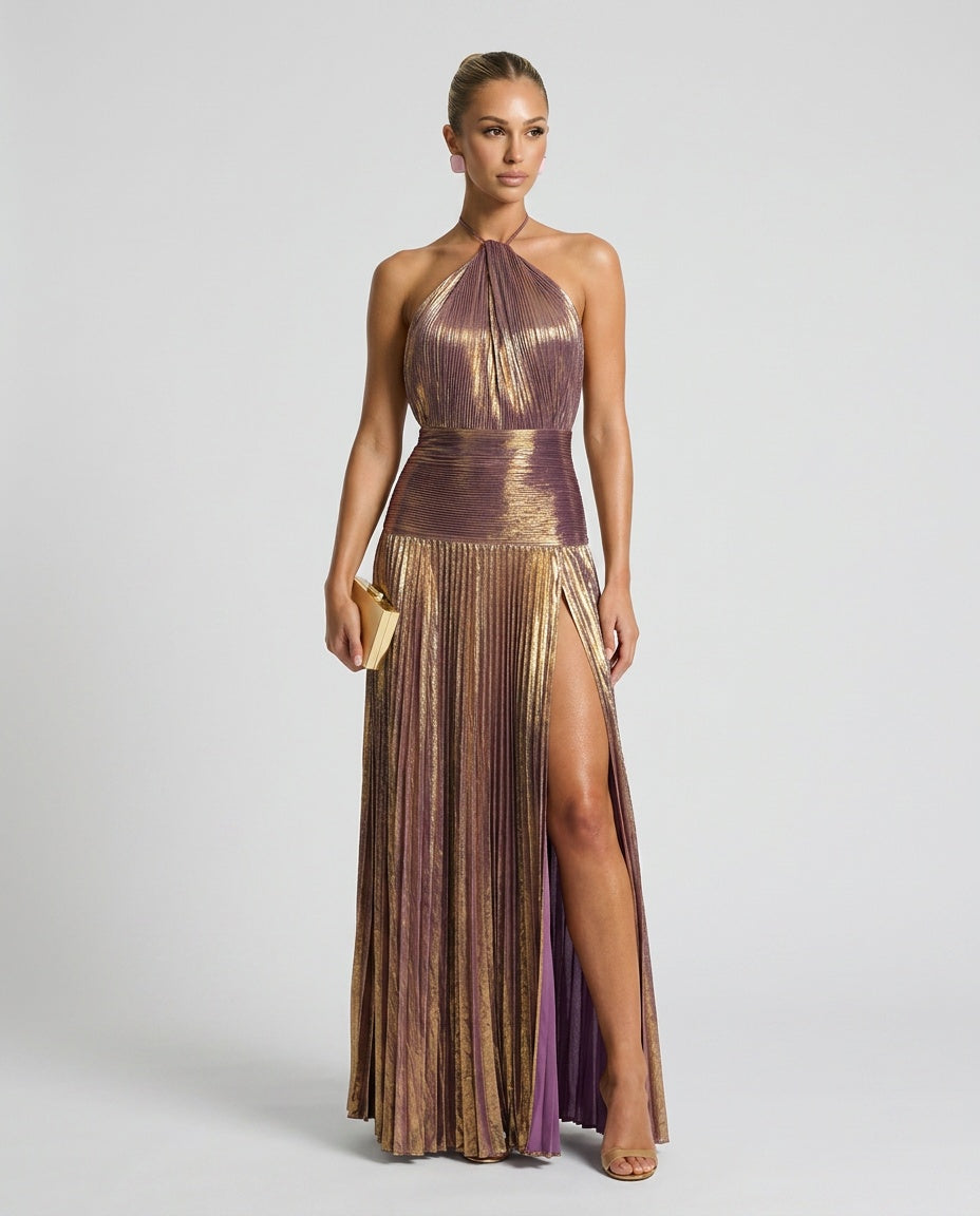 Esme | Pleated Halter Neck Open Back Maxi Dress