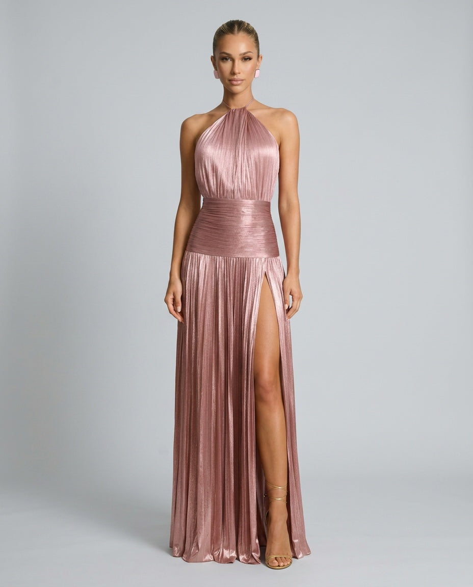 Hadley | Pleated Satin-Look Halter Neck Maxi Dress