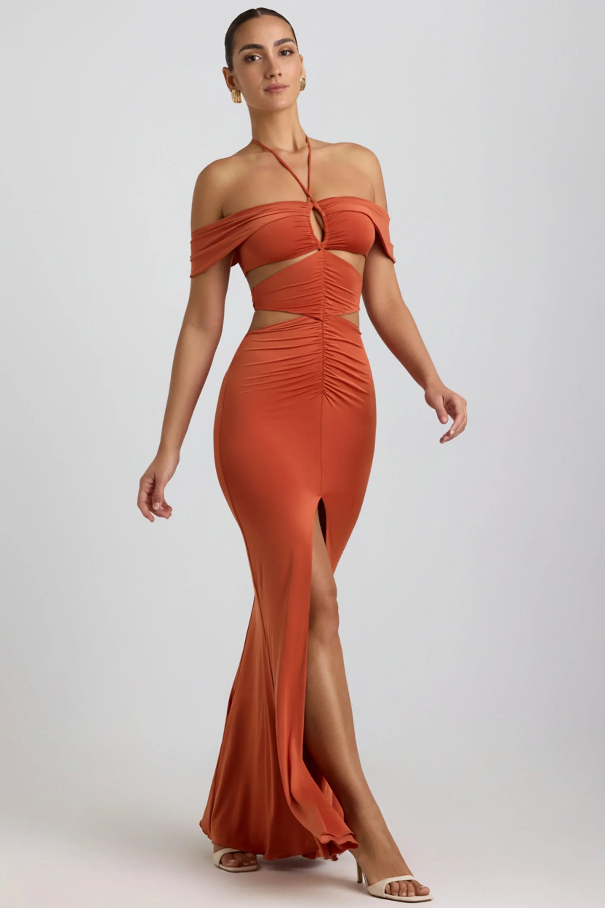 Clara | Cut-Out Halterneck Burnt Orange Maxi Dress