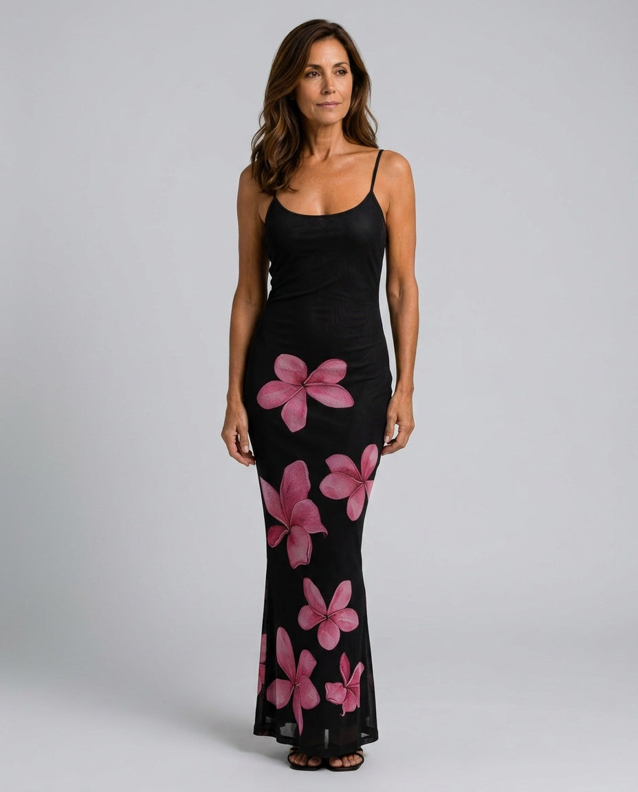 Katrine | Floral Mesh Scoop Neck Maxi Dress
