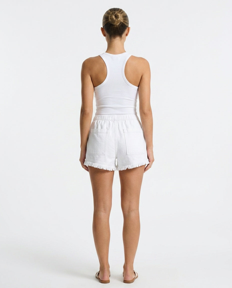 Florencia | Elastic Waist Raw Hem Denim-Look Shorts