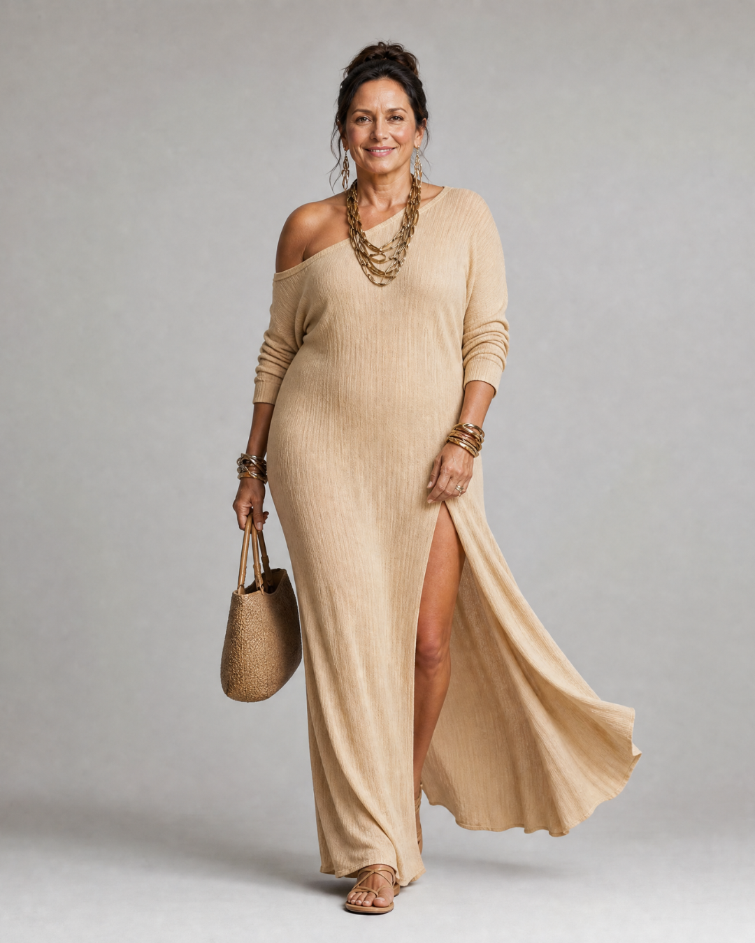 Ivy | One-Shoulder Side Slit Flowing Midi Dress