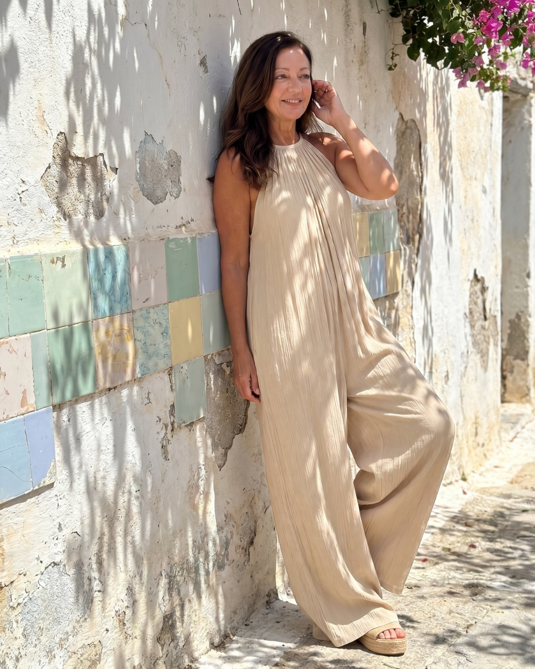 Sylvara | Pleated Halter Neck Wide Leg Jumpsuit