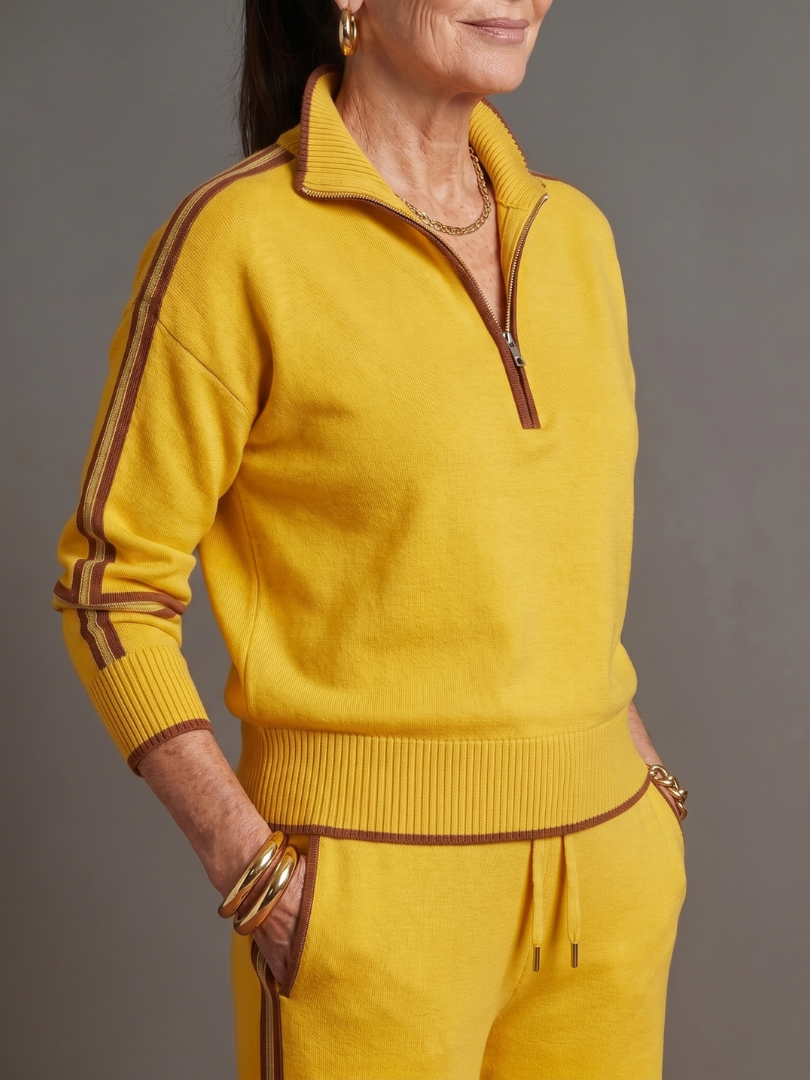 Rova | Zip Neck Striped Knit Long Sleeve Pants Set