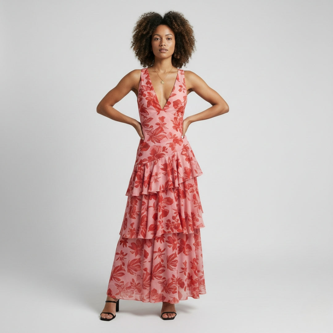 Harlow | V-Neck Plissé Pleated Maxi Dress