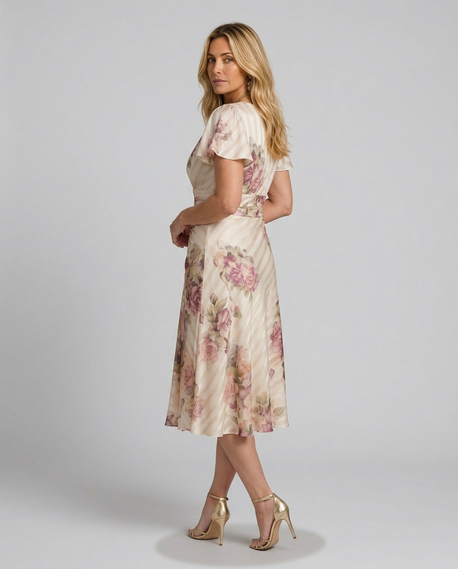 Aurelia | Flutter Sleeve Wrap Floral Stripe Midi Dress